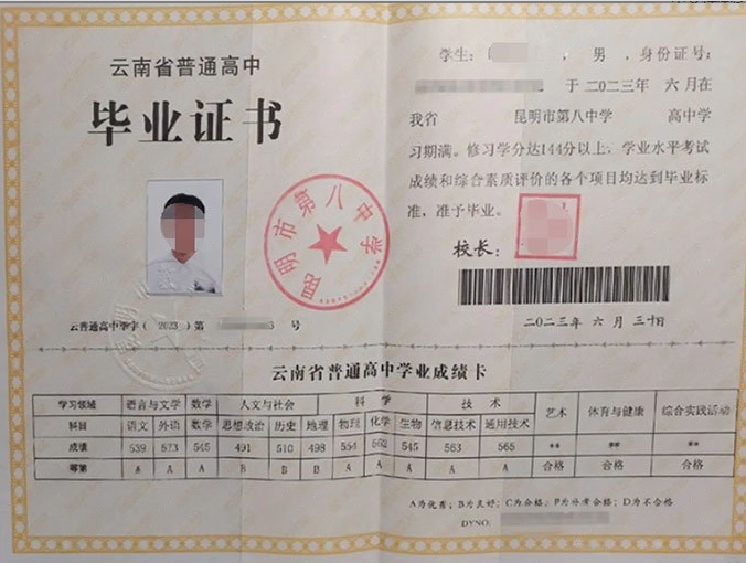 昆明昆明市第八中学高中毕业证样本