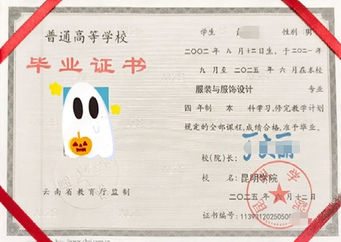 昆明昆明学院毕业证样本图片